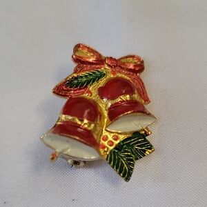 Vintage Enamel Festive Bell Brooch with Red and Gold Accents